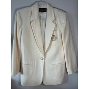 Herman Geist Vintage 100% Wool Cream Crest Blazer Jacket Womens 10 Gold Button